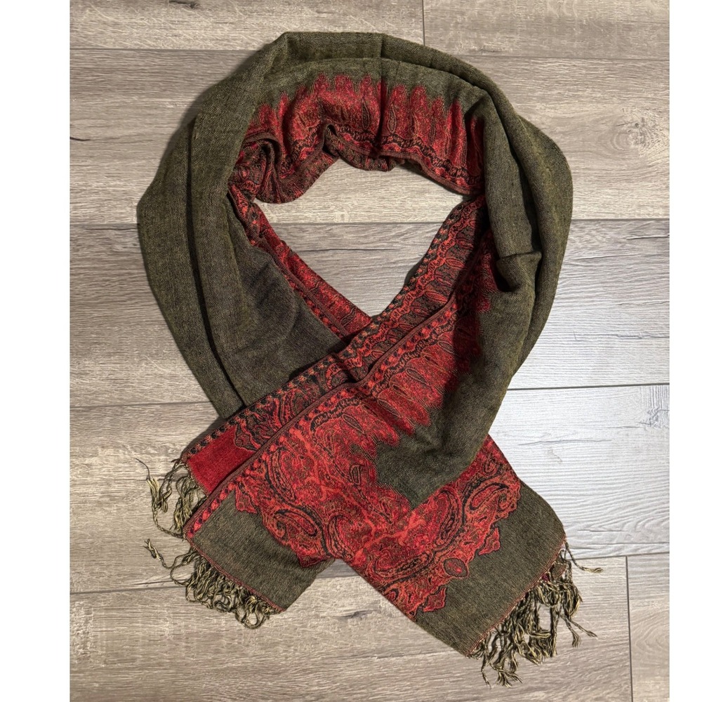 Pashmina Silk Blend Paisley Scarf Wrap Olive Green Red Tassel Trim Boho Shawl